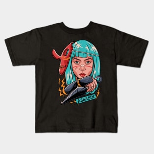 Assassin Ninja Girl Kunoichi with Tengu Mask Kids T-Shirt